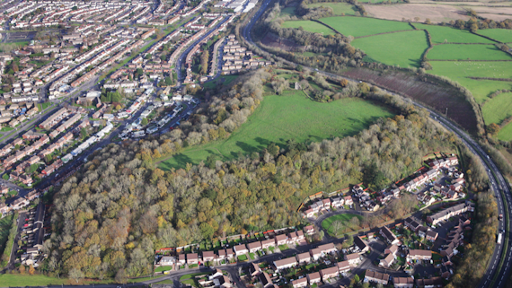 Arial view of the Caerau hillfort and surround area