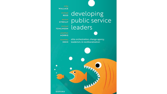 A book cover, blue with graphics of fish on it with the text, Developing Public Service Leaders.