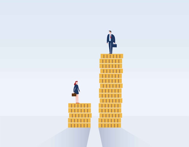 Illustration of Businessman and businesswoman on piles of coins