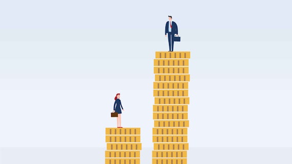 Illustration of Businessman and businesswoman on piles of coins
