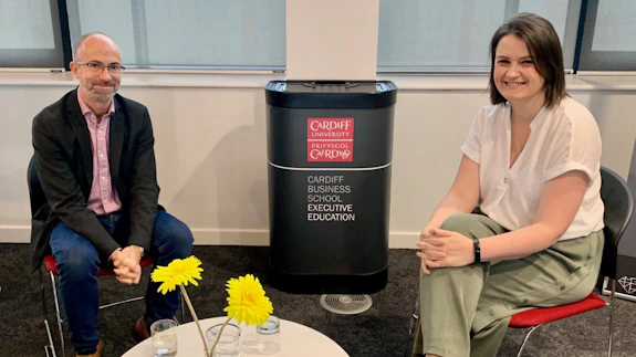 CEO of Transport for Wales, James Price, with Dr Deborah Hann of Cardiff Business School 