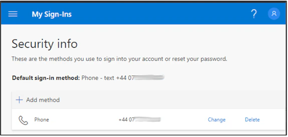 Screenshot of the 'My sign-ins' screen showing the Phone MFA method