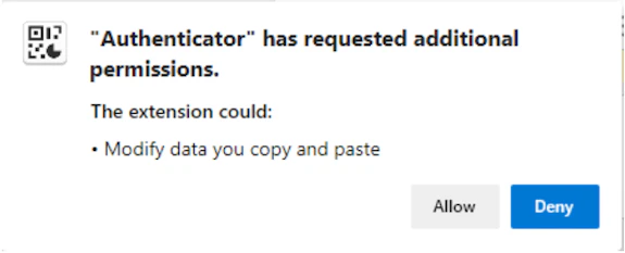 Screenshot of the 'Authenticator has requested additional permissions' notification message