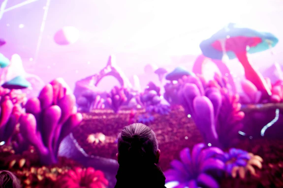 A person looking up at a large screen