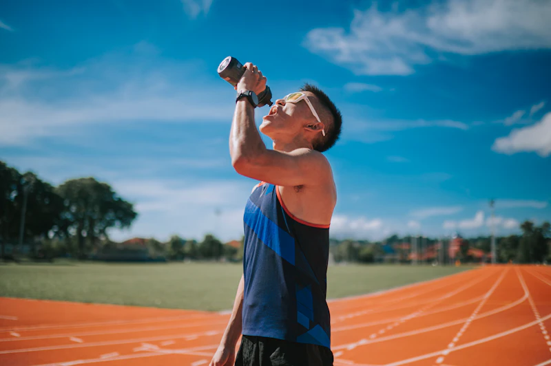 Track athlete tilting head back to drink water from a sports bottle, with a blue sky behind him