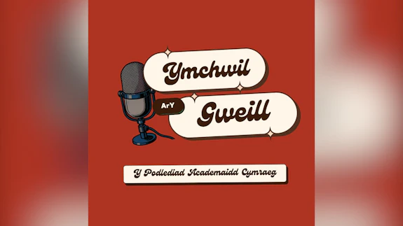 An image of a logo. The logo has a microphone and text on it and it has a terracotta background.
