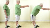 Montage of three images of elderly man exercising