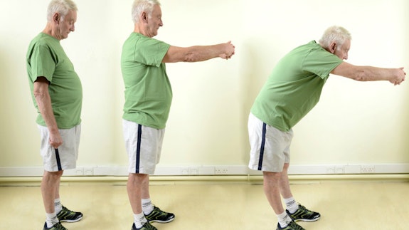 Montage of three images of elderly man exercising