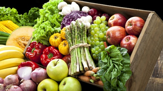 Brightly coloured variety of fruits and vegetables 