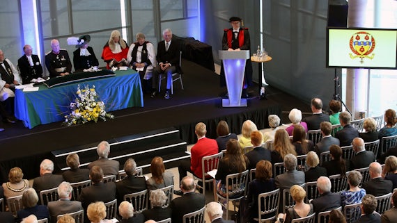 A picture of a speech given by Professor Jeremy Hall, at the inauguration of  Professor Heather Stevens CBE