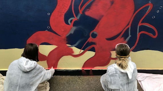 Nursery mural students painting octopus