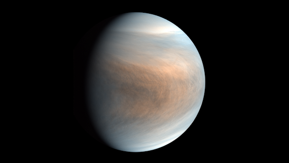 Synthesized false colour image of Venus, using 283-nm and 365-nm band images taken by the Venus Ultraviolet Imager (UVI)
