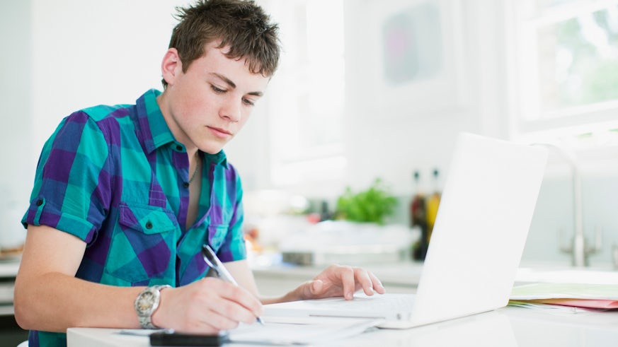 Teenage boy using laptop and doing homework - stock photo