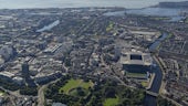 aerial view of Cardiff showing teh castle and stadium and environs