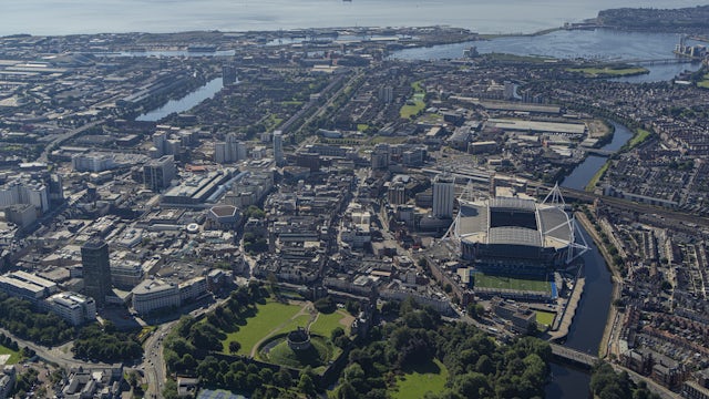 aerial view of Cardiff showing teh castle and stadium and environs
