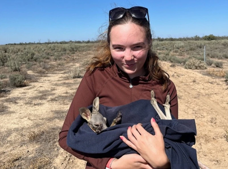 Millie Vernon holding a joey kangaroo wrapped in a blanket