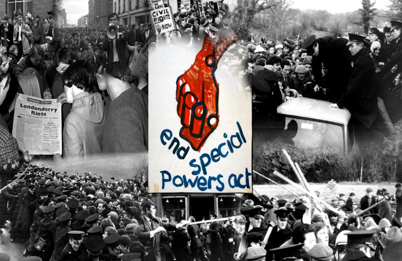 Montage of black and white photos showing protesters