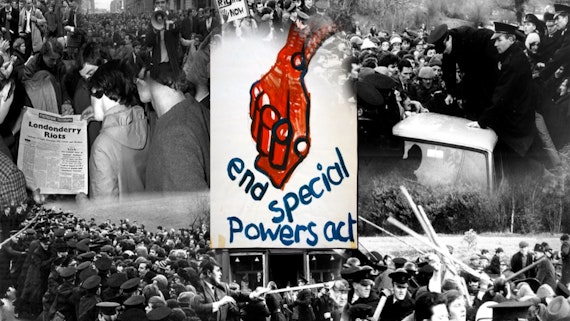 Montage of black and white photos showing protesters