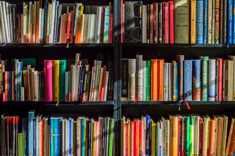 Book spines on wooden shelf