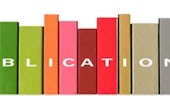 A row of colourful book spines. The word, publications, is spelled out with a letter on each spine.