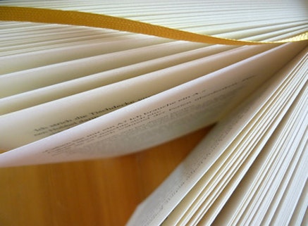 Downwards view of book with open pages