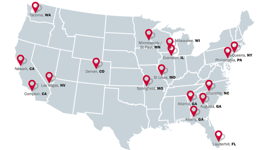 A map of the USA showing all of the cities who have adopted the Cardiff Model