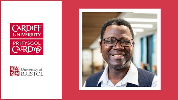 Image of Dr José Lingna Nafafé on a red background with the Cardiff University and University of Bristol logos to the left of his image.