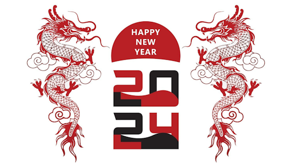 Image of two Chinese dragons with 'Happy New Year 2024' written between them