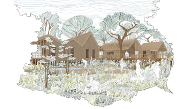 An architectural design featuring four wooden houses with a large communal garden, and figures foraging for food