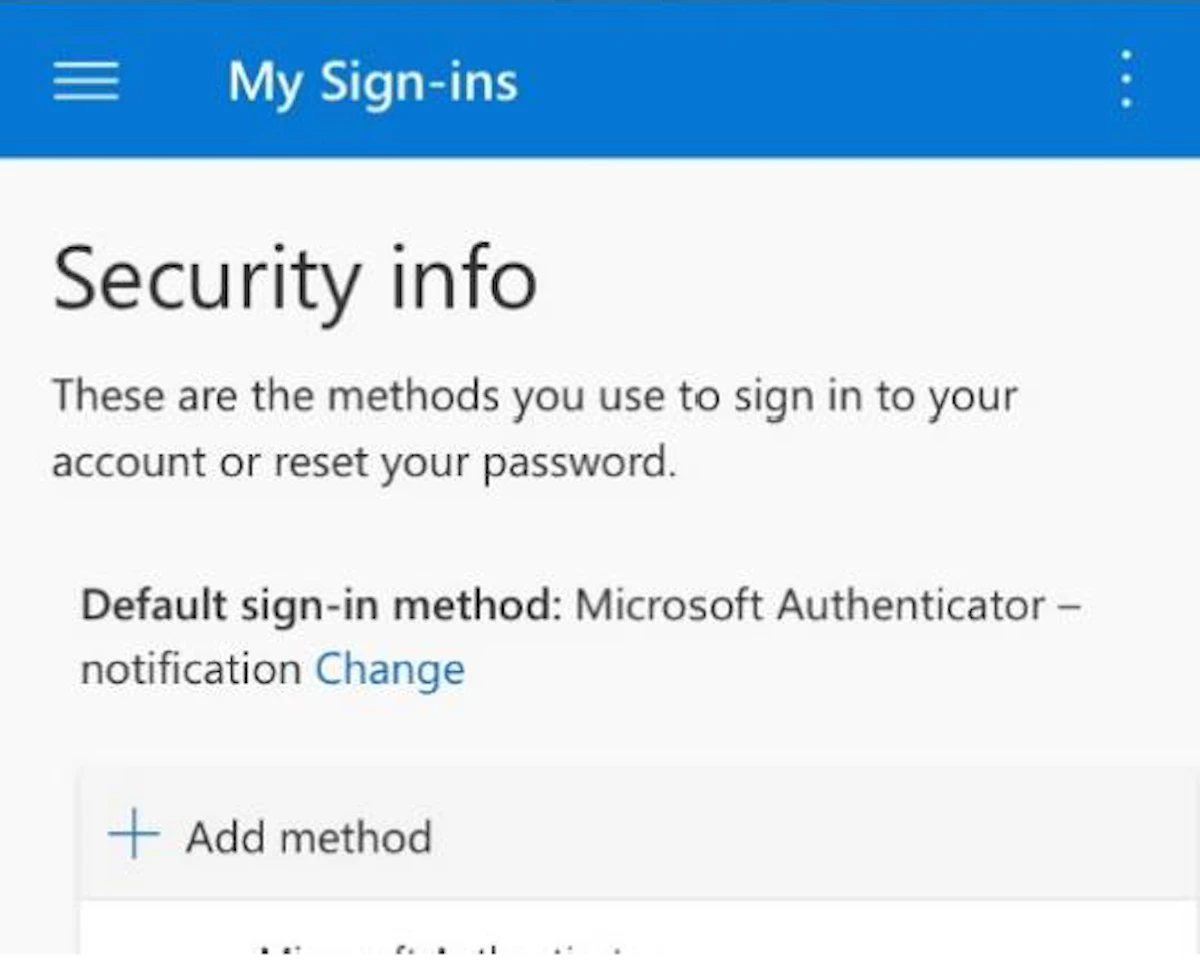 Screenshot of the 'My sign-ins' screen showing the 'Add a method' button