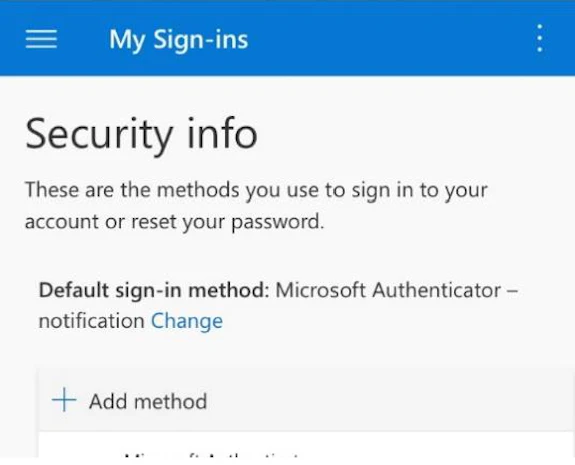 Screenshot of the 'My sign-ins' screen showing the 'Add a method' button