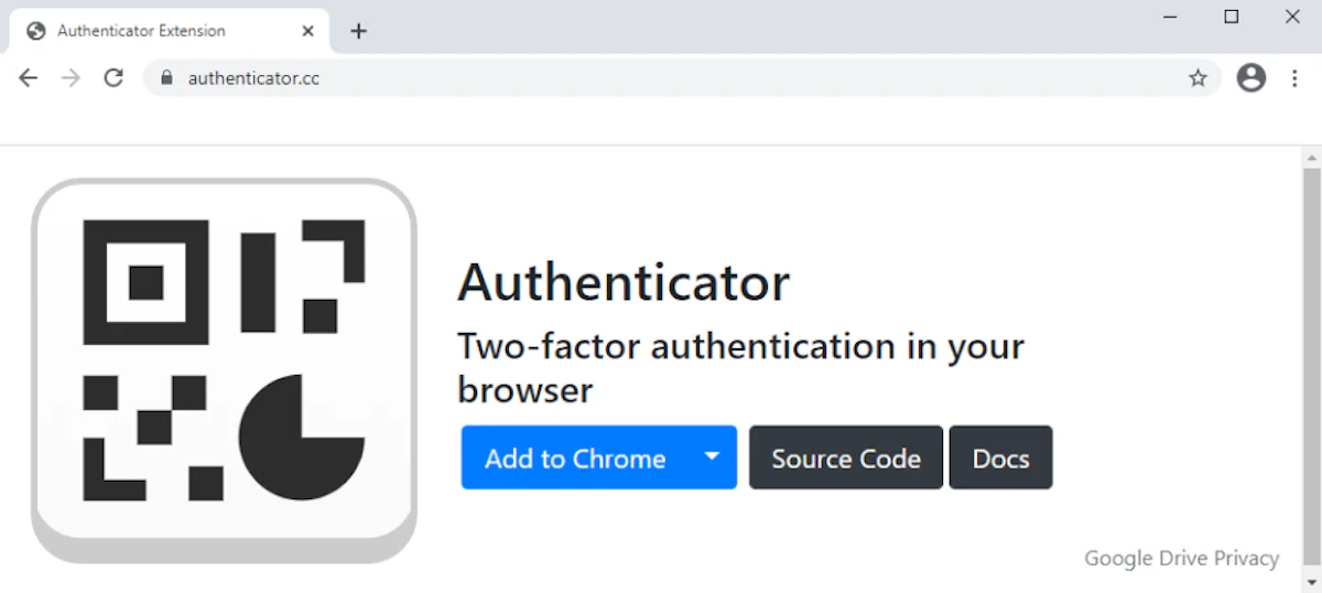 Screenshot of the Authenticator extension home page in Google Chrome