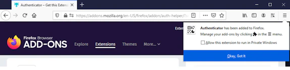 Screenshot of the 'Authenticator has been added to Firefox' message