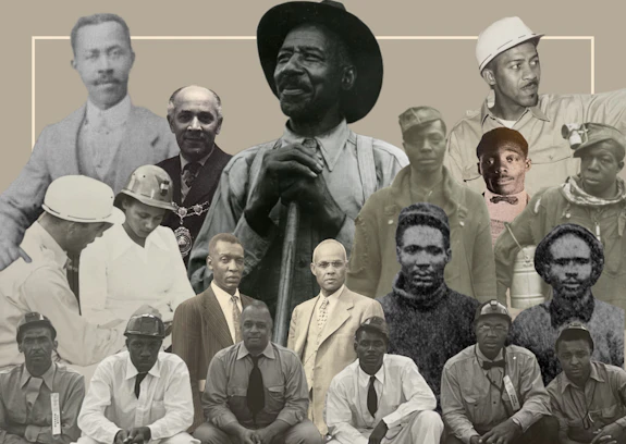 A collage of ten archival photographs of 19 Black coal miners.