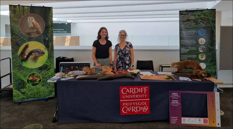 Dr Emily O'Rourke and Dr Liz Chadwick standing at a table with two taxidermy otters and an anatomical model of an otter.