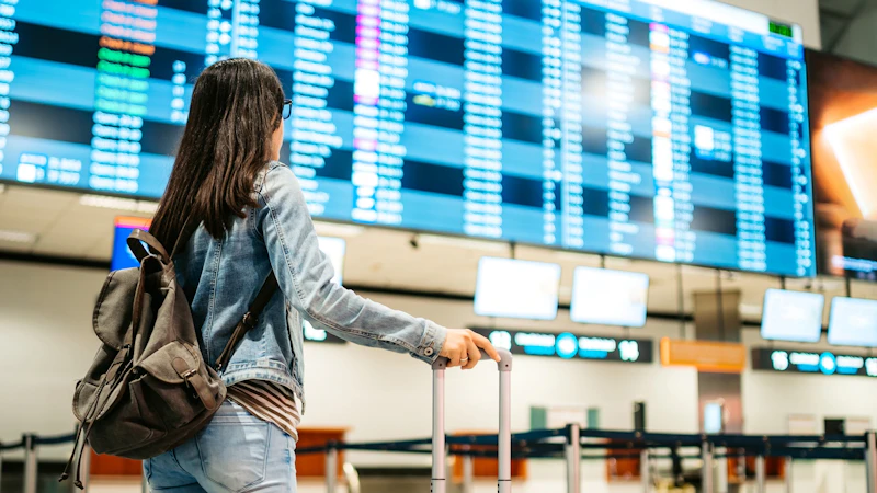Person with a suitcase and backpack looking at a large flight information display board in an airport terminal.