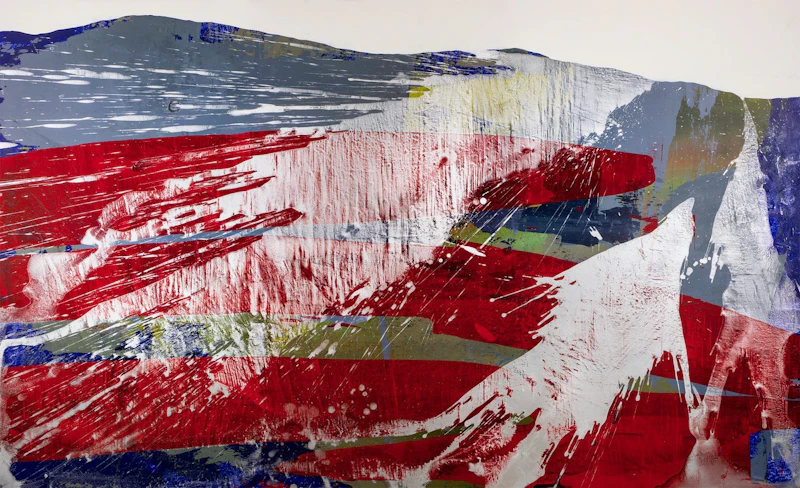 Vibrant abstract painting using bright red, white, blue, grey and yellow colours