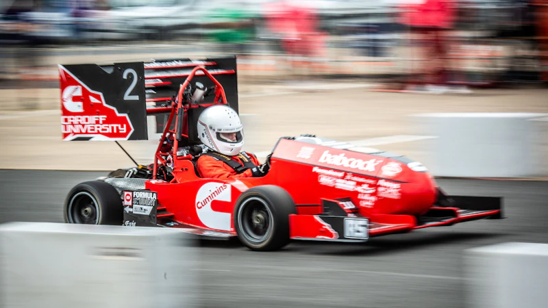 Cardiff Racing FSUK Formula Student red racing car on track
