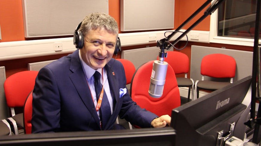 Ambassador Neskovic in Cardiff University's radio studio.