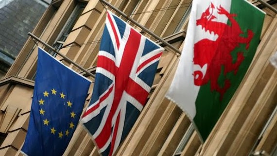 European Union, United Kingdom and Welsh flags