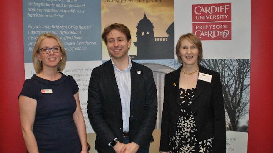 Dr Sara Drake with speaker Adam Wagner and June Milligan, Equality and Human Rights Commissioner for Wales.