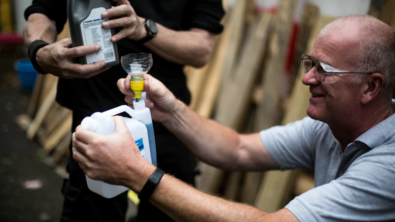 One man holds a bottle and funnel, and another holds a bottle of engine oil