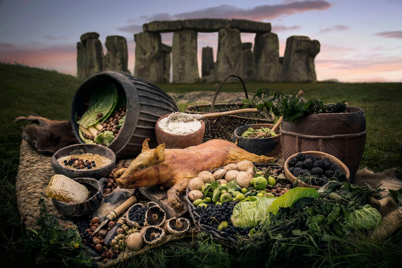 A suckling pig and other food laid out in front of Stonehenge.