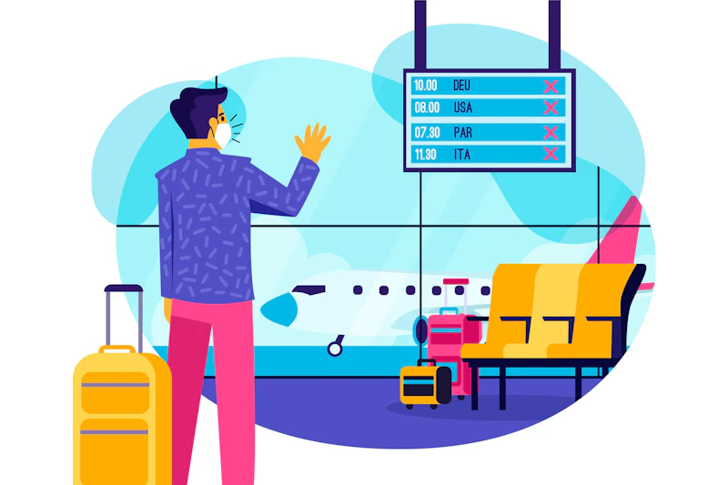 Cartoon of a person in a blue shirt and pink trousers looking at an airport departure board, all flights on the departure board have been cancelled