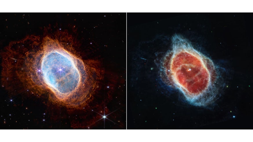 Two views of the Southern Ring Nebula shown side by side. Both feature black backgrounds speckled with tiny bright stars and distant galaxies.
