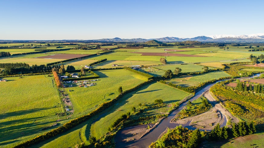 Wide shot of farmland in New Zealand