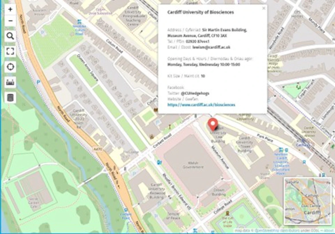 A map showing the university biosciences department in Sir Martin Evans Building, Museum Avenue, Cardiff.