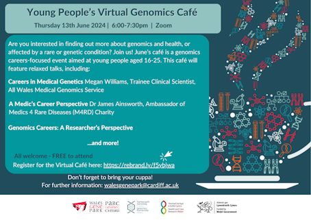 Poster of details regarding Young People's Genomics Café event 