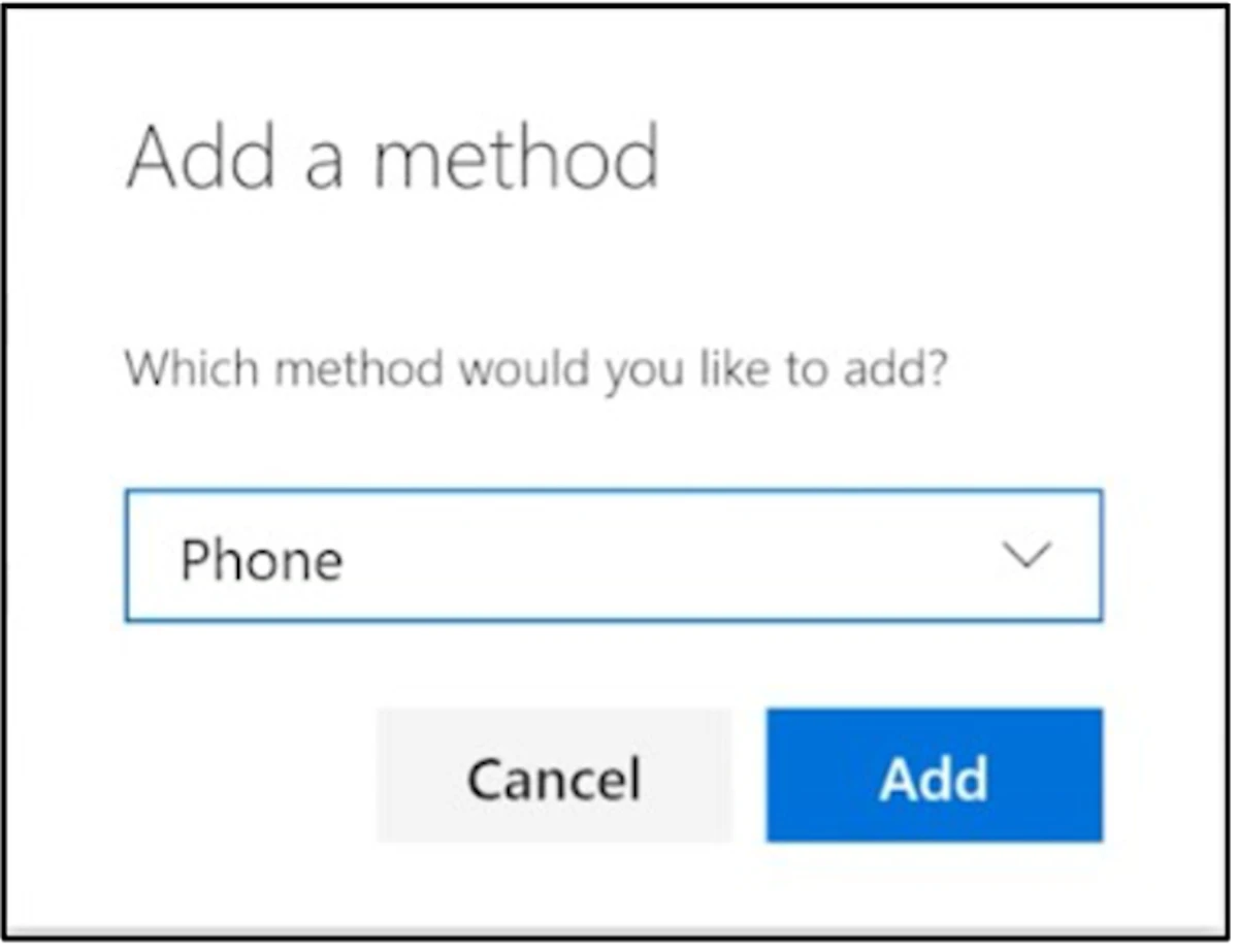 Screenshot of the 'Add a method' screen showing the Phone option