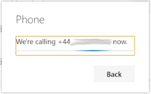 Screenshot of the 'Phone' screen showing the 'We're calling' message
